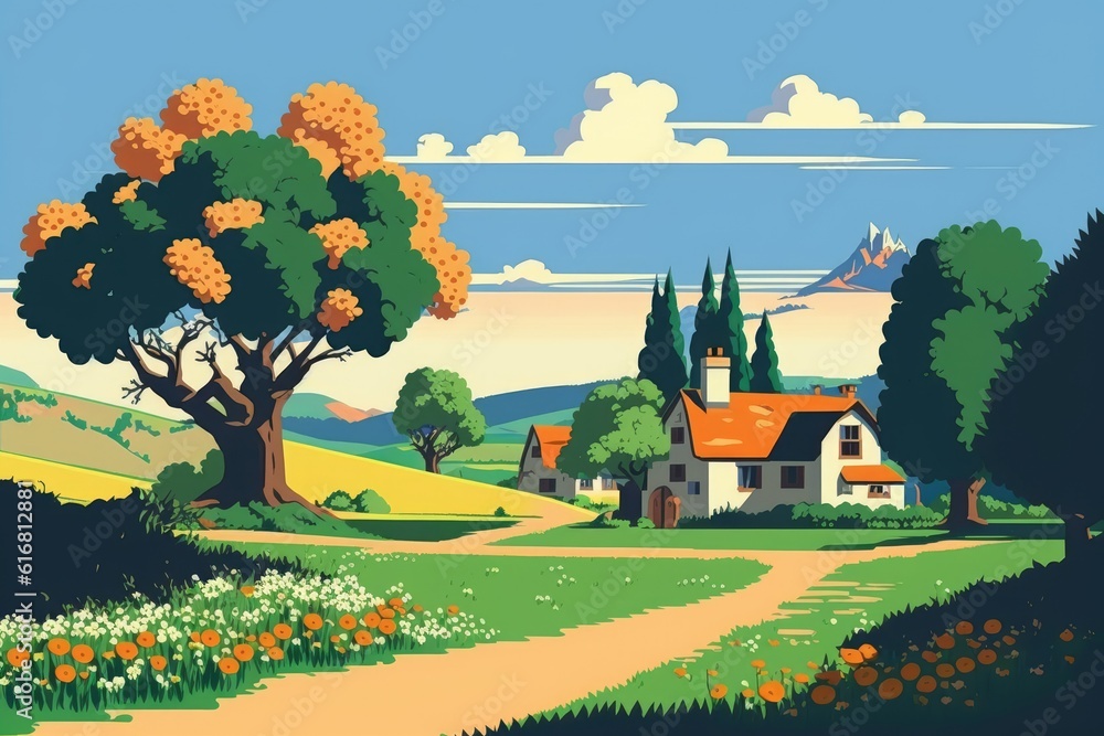 Poster scenic country road leading to a charming house in the countryside. Generative AI