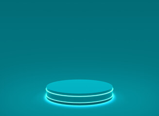 3d blue neon light cylinder podium minimal studio blue dark background. Abstract 3d geometric shape object illustration render. Display for technology product.
