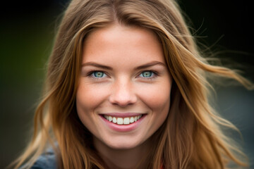 Fototapeta premium Close-up portrait photography highlighting the radiant smile and natural beauty of a happy individual. Generative AI