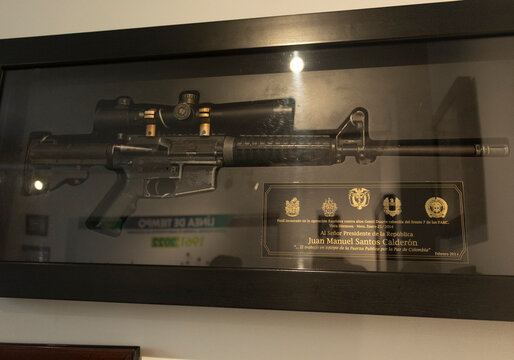 BOGOTA, COLOMBIA Fusil belonging to alias "Gentil Duarte" delivered to president of Colombia during peace process with FARC Guerrilla at police museum
