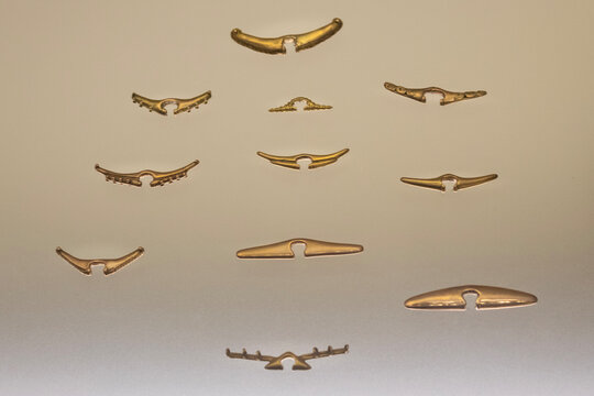 BOGOTA, COLOMBIA Indigenous golden nose rings at colombian golden museum