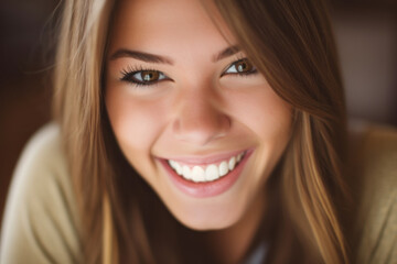 Close-up portrait photography highlighting the radiant smile and natural beauty of a happy individual. Generative AI