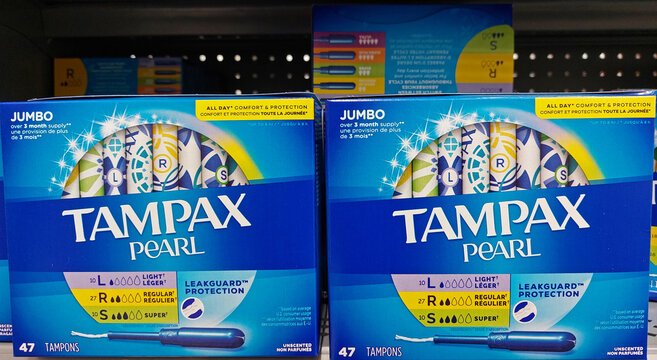Tampax tampon packages in a supermarket