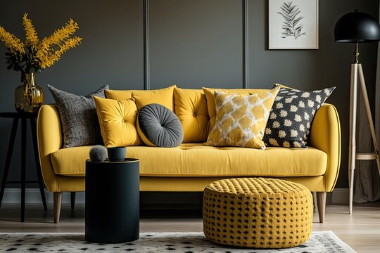 Modern Living Room With Yellow Couch And Black Coffee Table. Generative AI