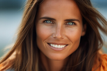 Close-up portrait photography highlighting the radiant smile and natural beauty of a happy individual. Generative AI