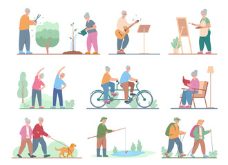 Senior people hobby set. Elderly men and women gardening, painting, singing, fishing, cycling, hiking, walking, reading and exercising. Healthy active lifestyle activities. Vector illustration.