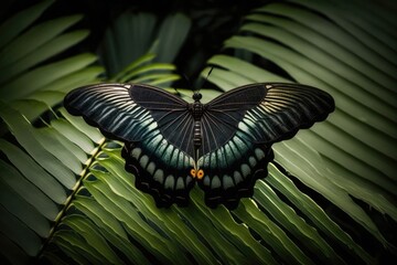 blue and black butterfly perched on a vibrant green leaf. Generative AI