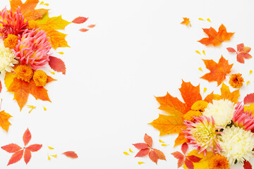 Naklejka na ściany i meble autumn leaves and flowers composition on white background