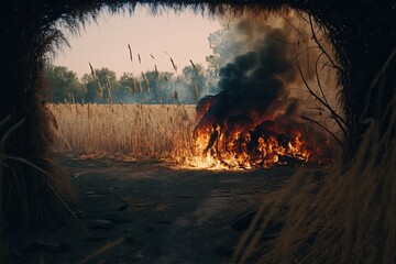 wildfire burning in an open field, with smoke and flames visible. Generative AI