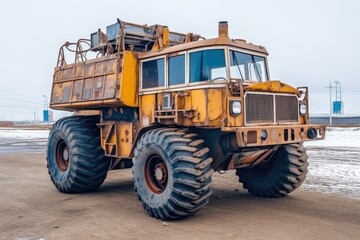 yellow construction truck parked on a dirt field