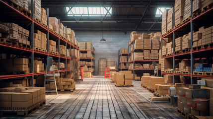 Fototapeta premium A large clean warehouse with shelfs, carboard boxes and products. Generative AI