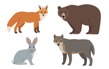 Gray wolf, red fox, brown bear and gray hare or rabbit. Wild forest animals. Animal icons isolated on white background. Vector illustration.