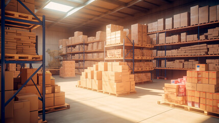 A large clean warehouse with shelfs, carboard boxes and products. Generative AI