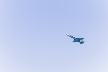 Jet fighter military airplane war force during aviation airshow. Aircraft plane technology