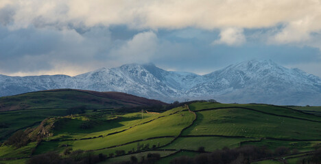 Snowy mountains in the distance over green fields