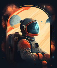 Spaceman portrait in spacesuit on orange background. Fantasy astronaut for National Space Day. Generative AI
