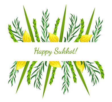 Sukkot greeting card or invitation template. Feast of Tabernacles or Festival of Ingathering. Traditional judaic religious symbols: etrog (citron), lulav (palm branch), hadas (myrtle), arava (willow)