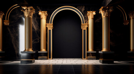 Arches in a black marble wall and columns with golden decor in a dark room. Generative AI