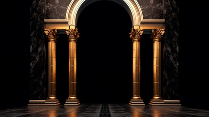 Arches in a black marble wall and columns with golden decor in a dark room. Generative AI