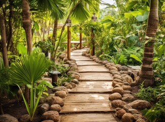 Alley in tropical garden, Created with Generative AI technology.