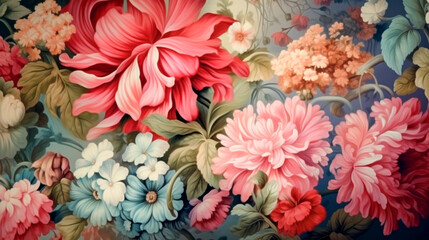 Beautiful fantasy vintage wallpaper botanical flower bunch,vintage motif for floral print digital background. Generative AI