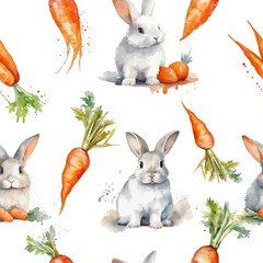 Colorful rabbit pattern. Watercolor rabbit and carrots. Seamless background. Animal seamless pattern. Cute background for fabric, kid party, kitchen, easter card. Bunny in love