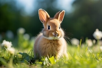 A cute bunny rabbit resting on the lush green grass, Generative Ai