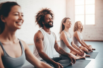Fototapeta na wymiar Group of mixed race smiling people practicing yoga in the gym