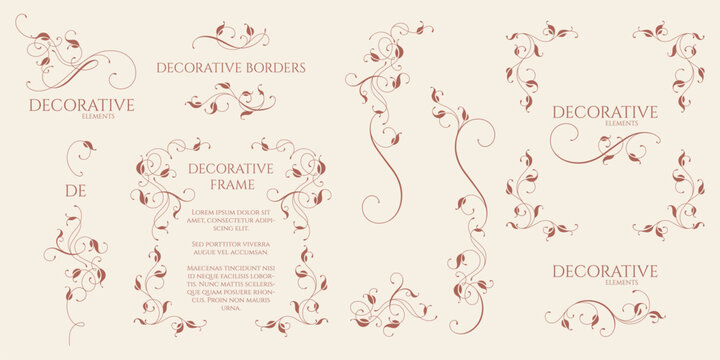 Set of decorative borders, corners, frames with calligraphic elements. Floral pattern.