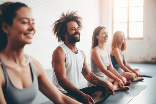Group of mixed race smiling people practicing yoga in the gym