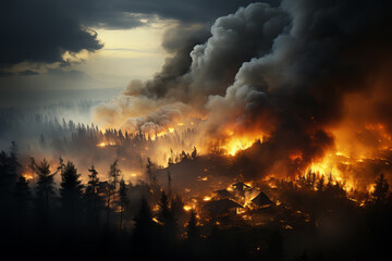 Fototapeta na wymiar Large forest fire. Strong fire with smoke. A small village is on fire. Generative Ai