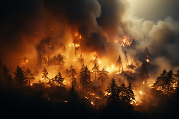 Fototapeta na wymiar Large forest fire. Strong fire with smoke. Generative Ai