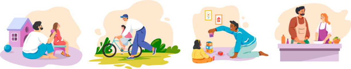 Father and daughter time. Fathers spending weekend with child, dad and kid girl playing talk cook, parent teach teenager ride bicycle fatherhood family support vector illustration