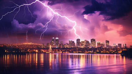 Naklejka na ściany i meble City lightning storm created with Generative AI technology