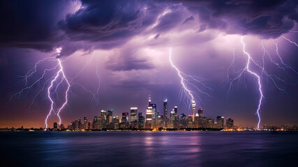 Naklejka na ściany i meble City lightning storm created with Generative AI technology