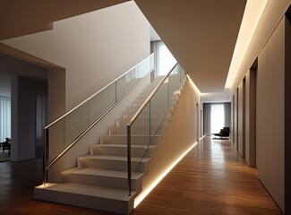 A spacious bright corridor leading to the living room and also to the second floor up the stairs. Created with Generative AI technology.