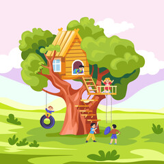 Obraz na płótnie Canvas Kids playing on tree house. Kid wood house garden trees with tire swing, children climb to treehouse playing game in forest or jungle nature playground, recent vector illustration