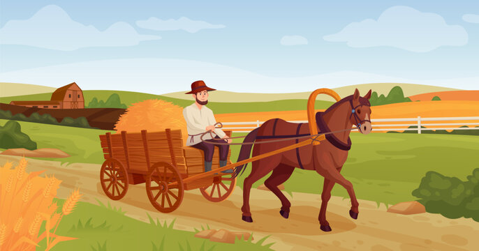 Rustic horse vehicles. Farmer on horse-drawn cart agriculture village background, working horses moving old wagon carriage, wild west history ingenious cartoon vector illustration