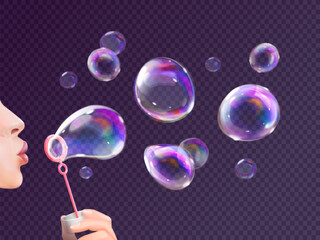 Girl blowing soap bubbles. Woman blow realistic flying bubble blower wand with spectrum rainbow reflection, child game play in foam bubbly shampoo balls, exact vector illustration