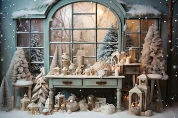 A magical winter Christmas window scene from a fairytale, Generative Ai