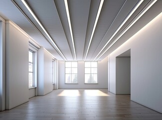 Fototapeta premium suspended ceiling with halogen spots lamps and drywall construction in empty room in apartment or house. Stretch ceiling white and complex shape. Created with Generative AI technology.