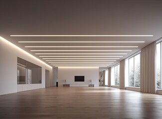 Obraz premium suspended ceiling with halogen spots lamps and drywall construction in empty room in apartment or house. Stretch ceiling white and complex shape. Created with Generative AI technology.