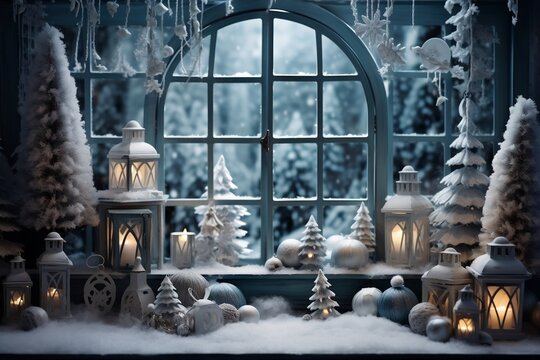 A magical winter Christmas window scene from a fairytale, Generative Ai
