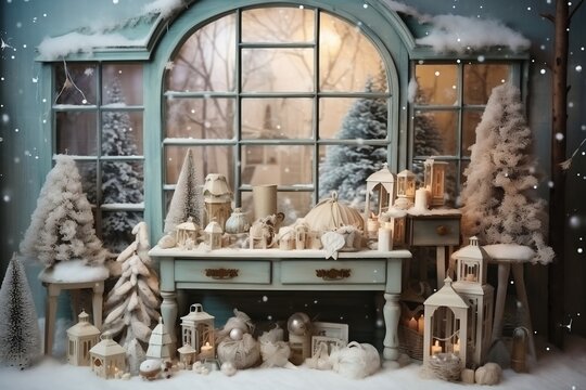 A magical winter Christmas window scene from a fairytale, Generative Ai