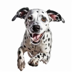 Jumping Dalmatian Dog. Isolated on Caucasian, White Background. Generative AI.