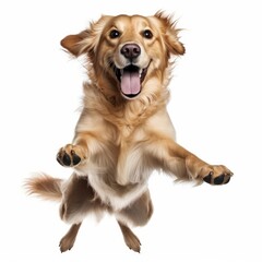 Jumping Golden Retriever Dog. Isolated on Caucasian, White Background. Generative AI.