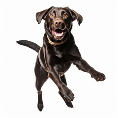 Obraz premium Jumping Labrador Retriever Dog. Isolated on Caucasian, White Background. Generative AI.