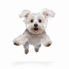 Jumping Maltese Dog. Isolated on Caucasian, White Background. Generative AI.