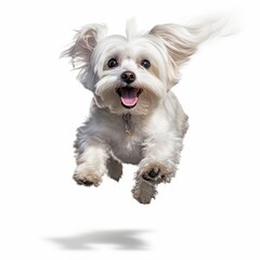 Jumping Maltese Dog. Isolated on Caucasian, White Background. Generative AI.