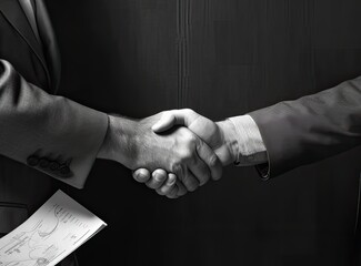Close up of two businessmen shaking hands in blurred office with computer and contract on table. Concept of partnership and communication Created with Generative AI technology.